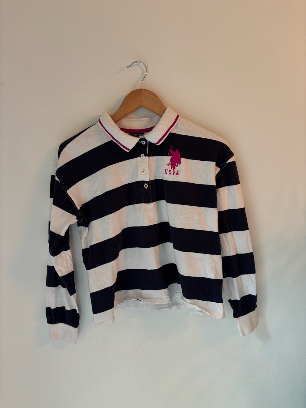 U.S. Polo Assn. Navy & White Striped Long-Sleeve Polo with Pink Logo
